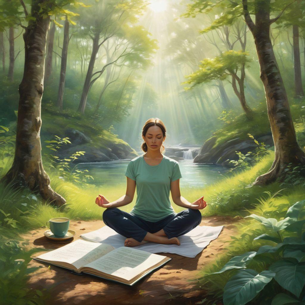 A serene scene depicting a person meditating in a tranquil nature setting, surrounded by lush greenery and soft sunlight filtering through leaves. Include elements like a journal and a cup of herbal tea beside them, symbolizing self-care. Add gentle waves of energy radiating from the individual, representing mindfulness. Emphasize soothing colors and a calm atmosphere. painting. vibrant colors.