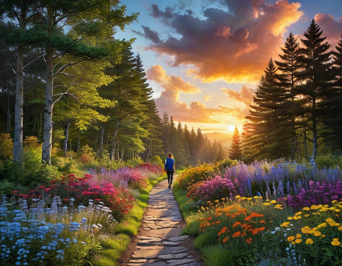 A serene landscape depicting a journey from darkness to light, with a winding path leading through vibrant trees and blooming flowers symbolizing growth. Include a figure walking confidently, holding a journal reflecting personal transformation. The sky transitions from stormy gray to a bright sunrise, representing hope and empowerment. super-realistic. vibrant colors. peaceful atmosphere.