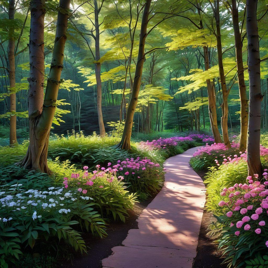 A serene landscape featuring a winding path through a tranquil forest, bathed in soft, warm light, symbolizing the journey of emotional resilience. Include a figure walking thoughtfully along the path, with expressive facial features reflecting calm determination. Surround the scene with gentle, vibrant colors of blooming flowers and comforting trees, representing hope and wellness. super-realistic. warm tones. peaceful atmosphere.